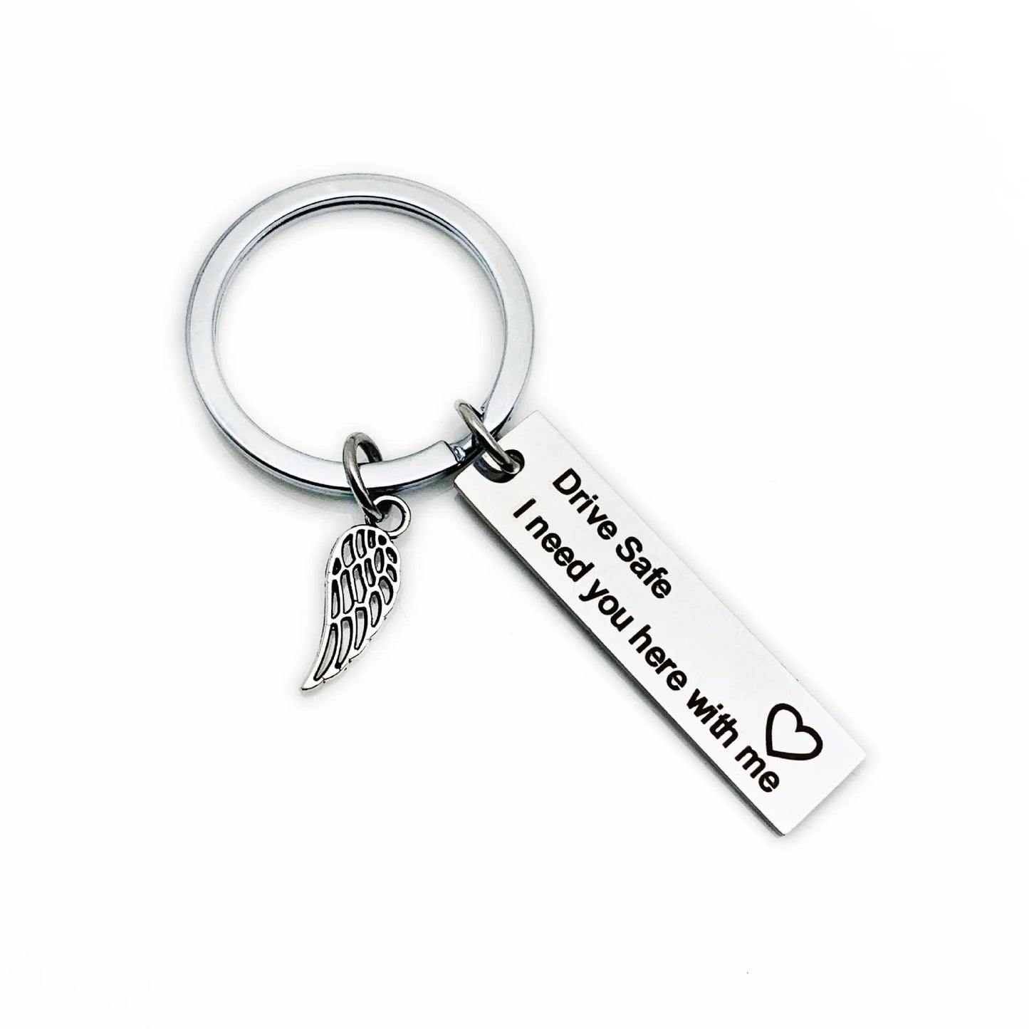 Drive Safe I Need You Here Stainless Steel Car Key Chain Driving Angel Wings Custom Lettering Metal Keychain