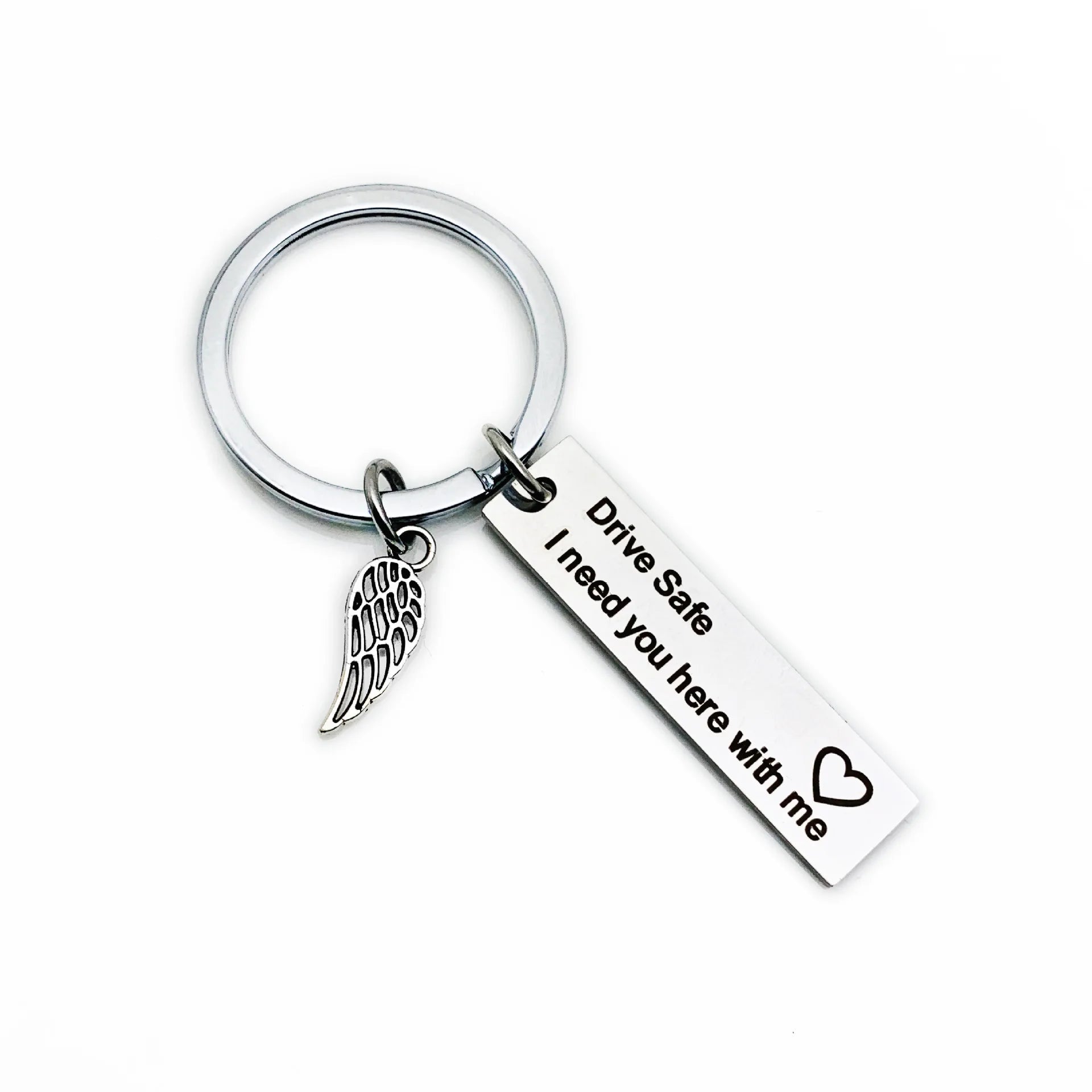 Drive Safe I Need You Here Stainless Steel Car Key Chain Driving Angel Wings Custom Lettering Metal Keychain