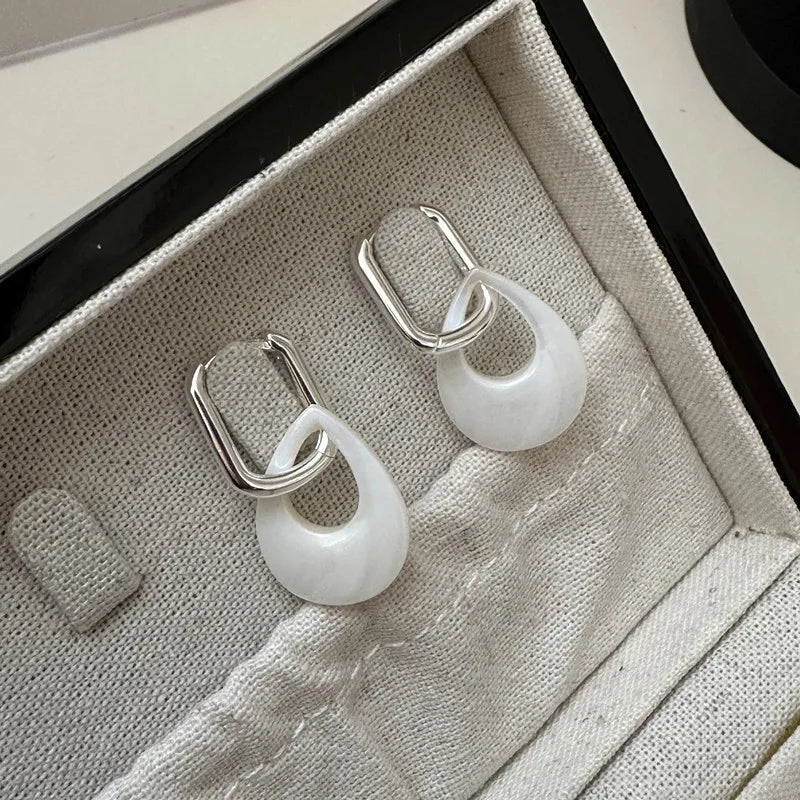 Minimalist Teardrop Charm of Hoop Earring 925 Sterling Silver White Shell Earring