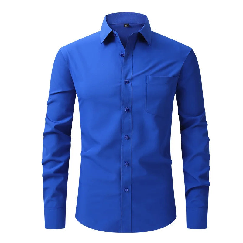 Men's Business Casual Professional Dress Shirt Patchwork Four-Sided Elastic Anti-Wrinkle Quick Dry Twill Fabric Button Collar