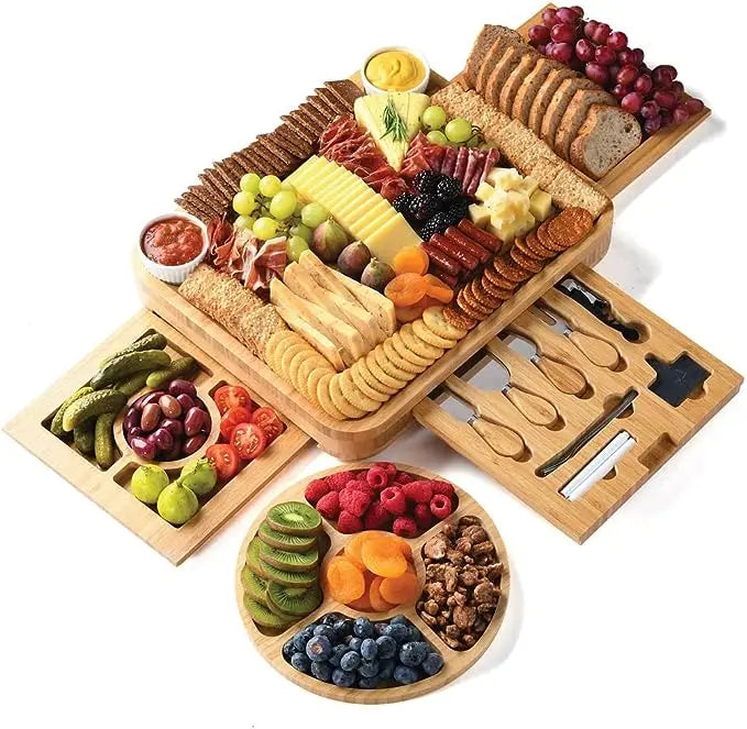 Bulk Custom Bamboo Charcuterie Board Gift Set with Knives Hidden Drawer Cheese Serving Tray for Housewarming Wedding Birthday