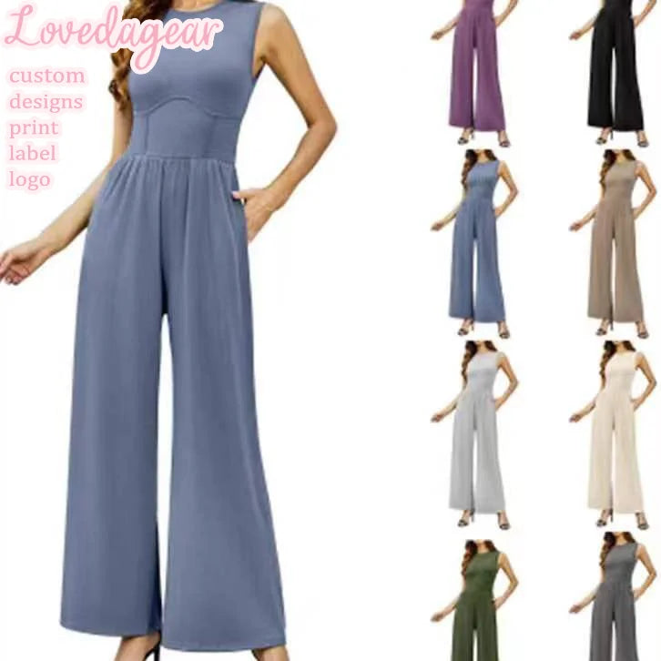 Loveda Custom Logo Loose Solid Baggy Sleeveless Rompers Overalls Green Wide Leg Jumpsuits With Pocket