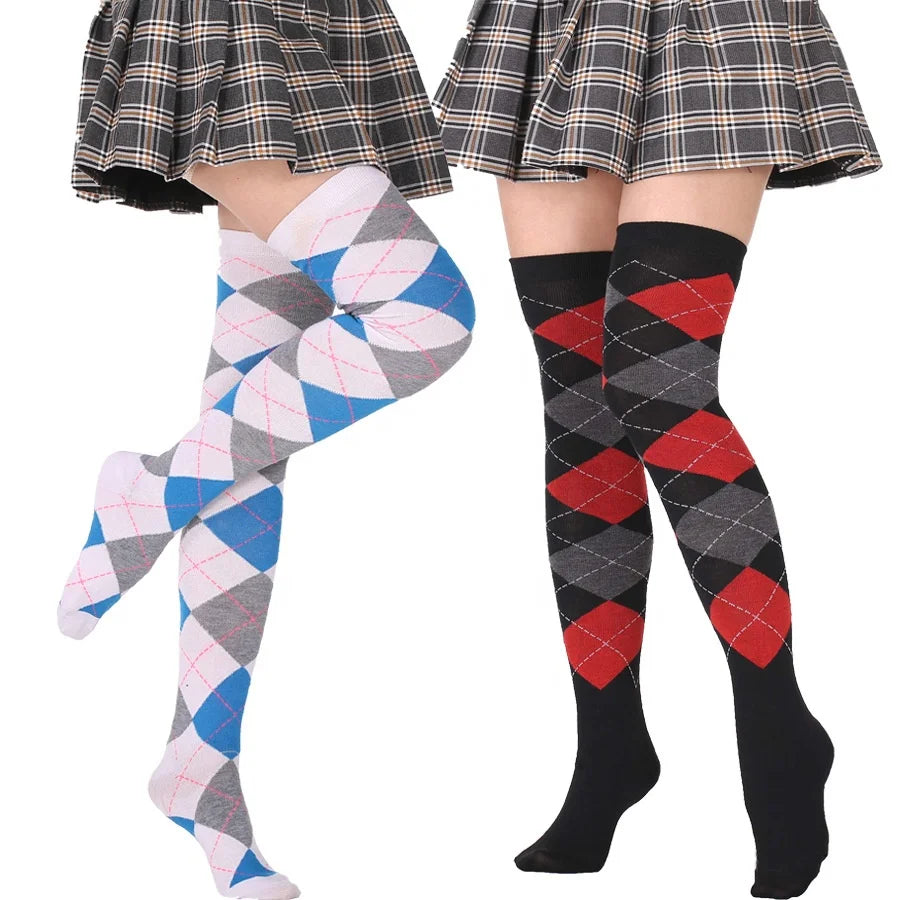 Wholesale Classic Argyle Jacquard Thigh High Socks for Women Custom Logo Print Over the Knee Long Socks for Winter