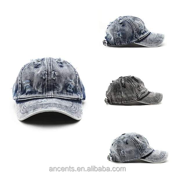 Custom Cap No Minimum Distressed Jean Denim Ripped Trucker Hat Ball Caps Custom logo