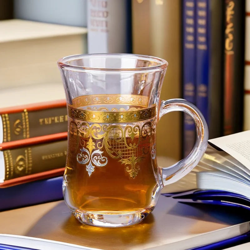 Hot Selling Gold Pattern Turkish Style Glass Cup Factory Wholesale Retro Coffee Tea Mug Cup Set With Clear Gold Rim
