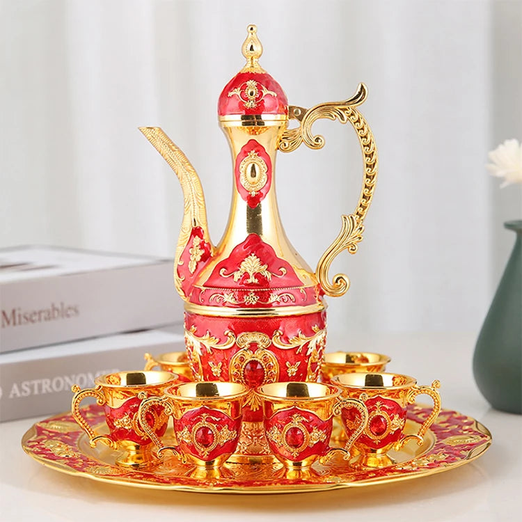 Home Table Top Decoration European Style Luxury Gold Silver Red Metal Coffee Tea Pot and Cup Set with Tray