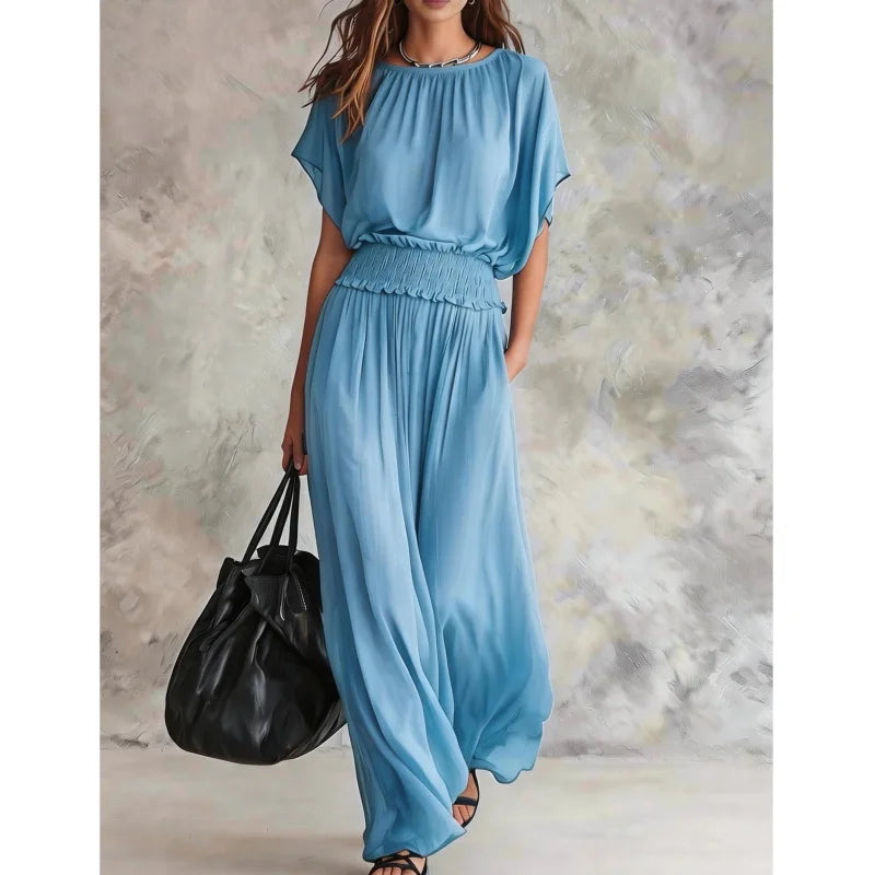 Elegant Crew Neck Smocked Waist Long Dresses Woman Spring Solid Pocket Casual Party Dress Summer Short Sleeve Holiday Maxi Dr