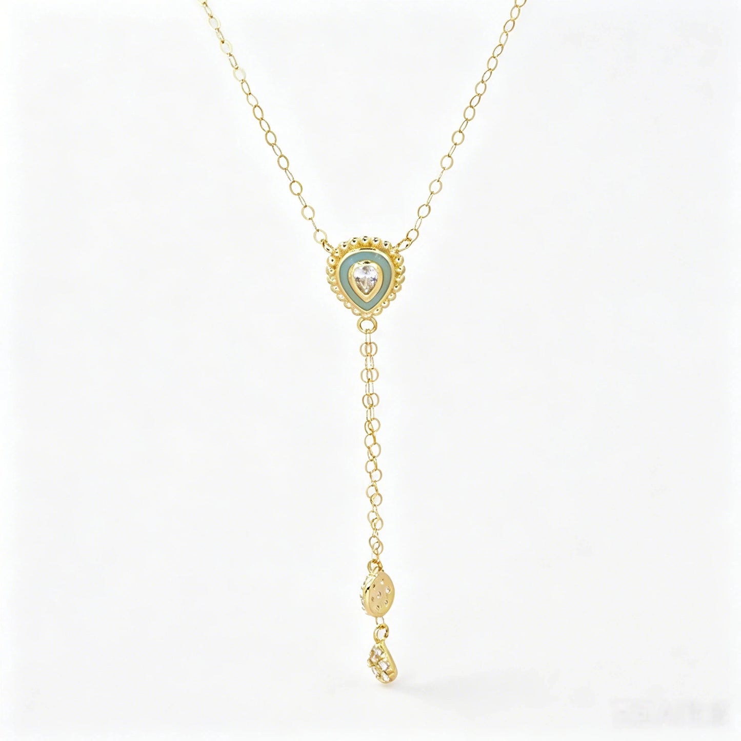 Custom Logo Real 18K Solid Gold Enamel Heart Y Drop Necklace  CZ Diamond Tassel Lariat Pendant Dainty  Chain Fine Jewelry Wom