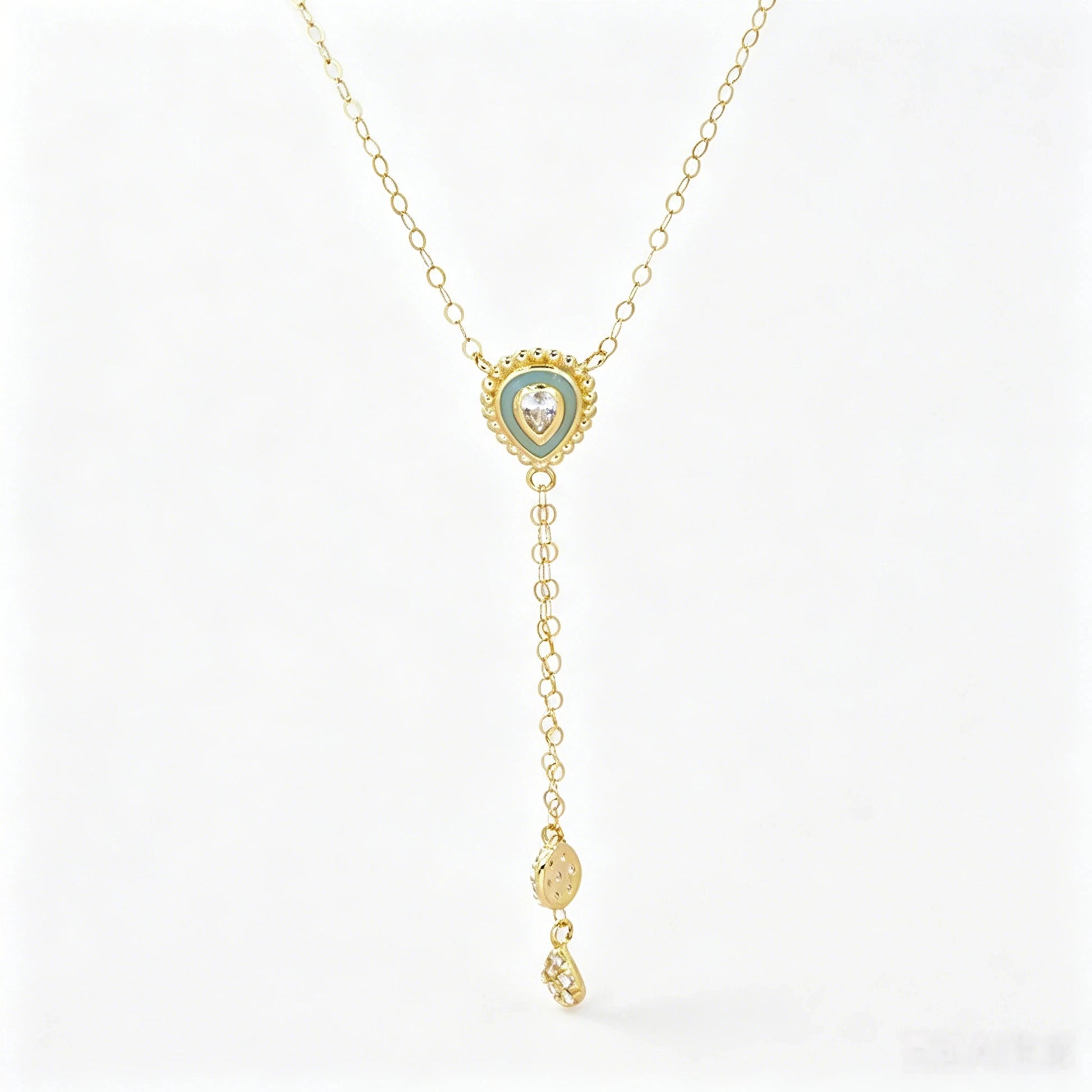 Custom Logo Real 18K Solid Gold Enamel Heart Y Drop Necklace  CZ Diamond Tassel Lariat Pendant Dainty  Chain Fine Jewelry Wom