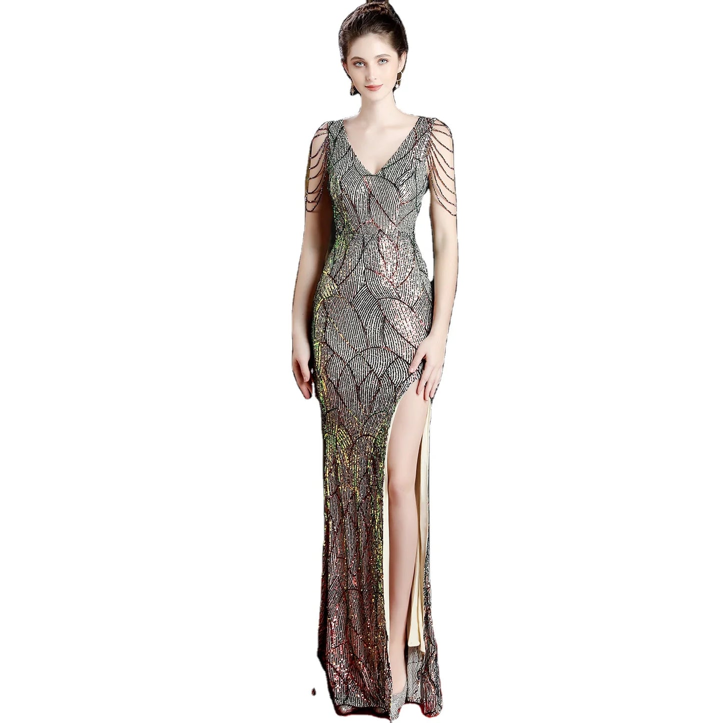 16596#  Long Banquet Slim-Fit Fish Tail Elegant Socialite Party Annual Meeting Host Sequin Party Dress