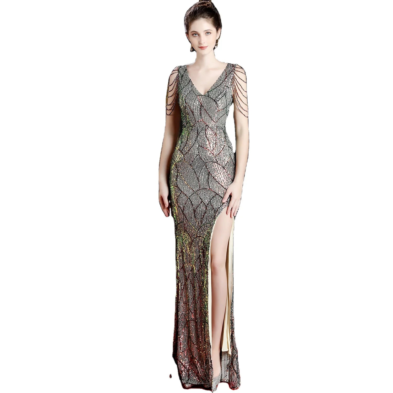 16596#  Long Banquet Slim-Fit Fish Tail Elegant Socialite Party Annual Meeting Host Sequin Party Dress