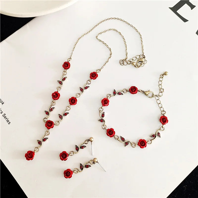 Luxurious Vintage Elegant Red Rose Flower Necklace Bracelet Earrings Set Classic Women's Party Jewelry Accessories for Weddin