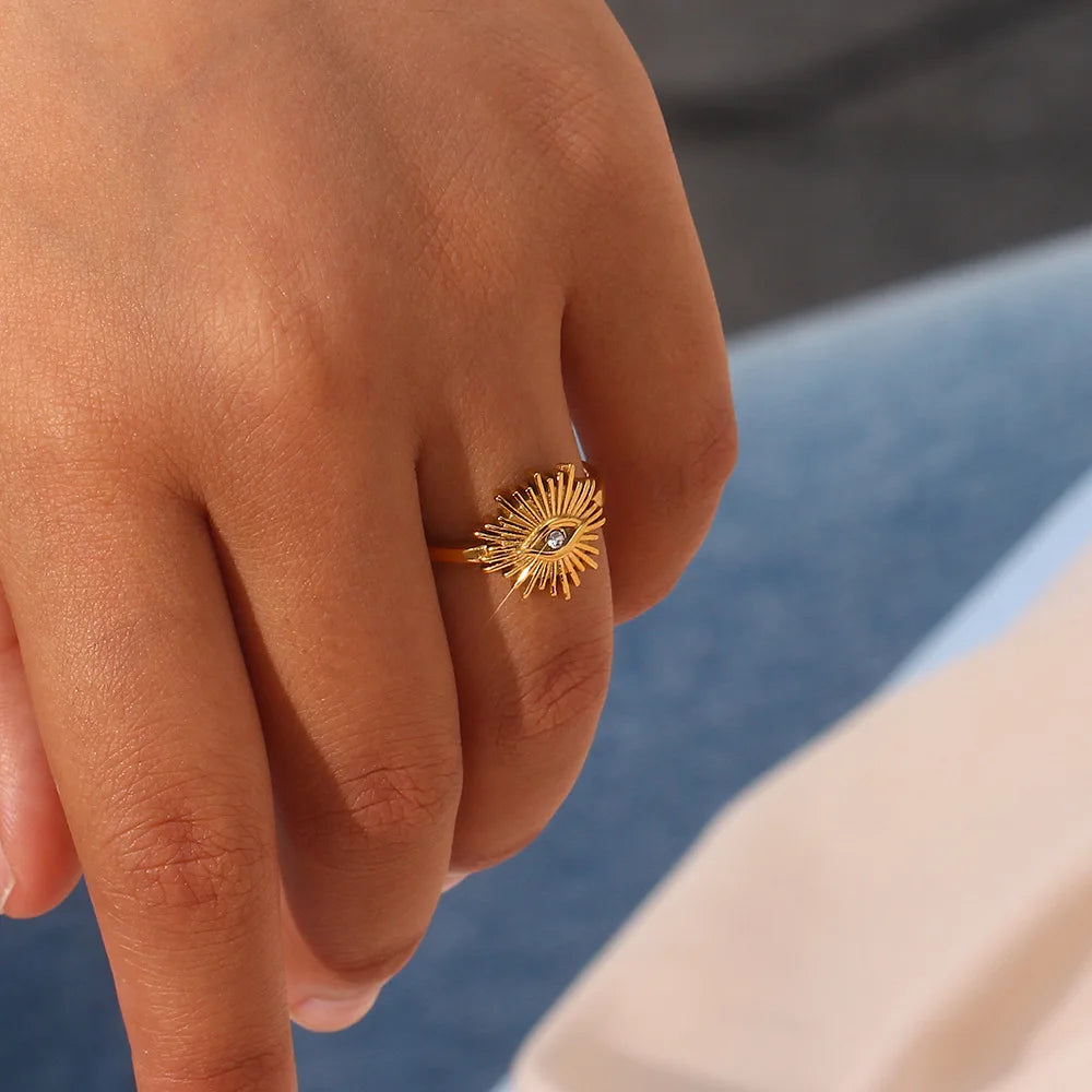 Hypoallergenic Stainless Steel Demon Eye Finger Rings 18k Gold Plated Cz Evil Eyes Open Ring for Women Party