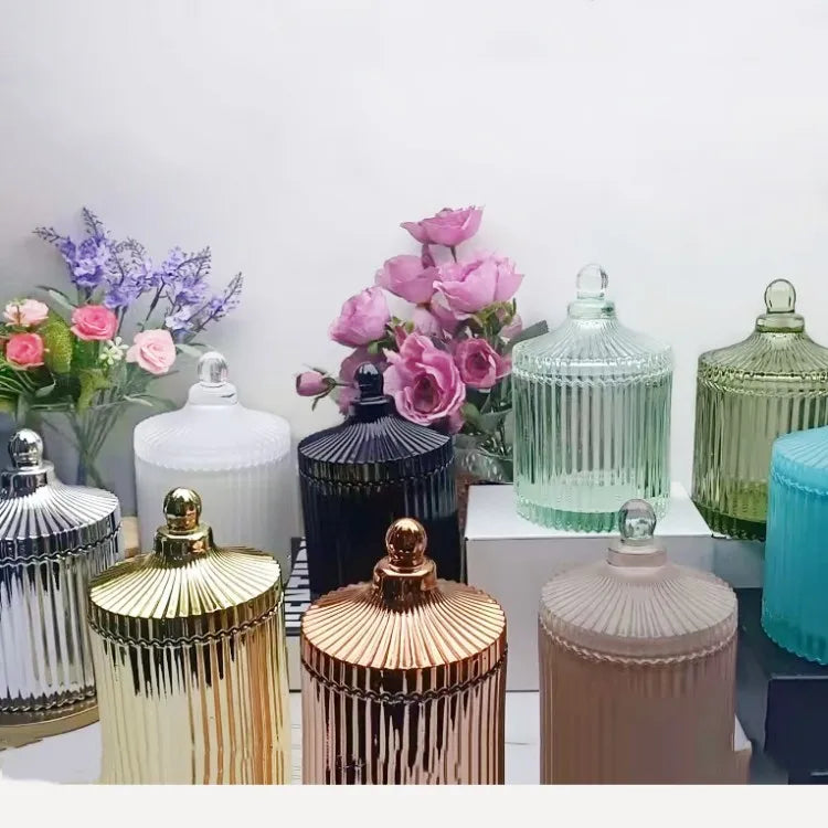 Wholesale New Style Large High Fashion Multicolor Vertical Stripes Crystal Candle Jars Container Glass With  Lid and Packagin