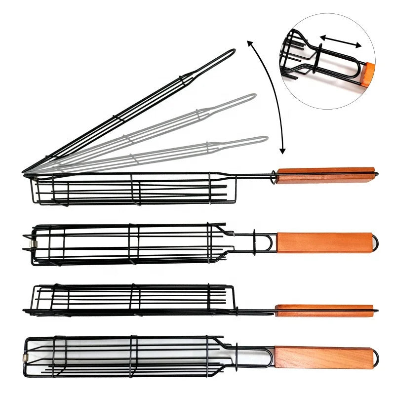 Kebab Barbecue Baskets Kebab Grilling Basket BBQ Mesh Skewers Tool Wooden Handle Kebob Grilling Baskets