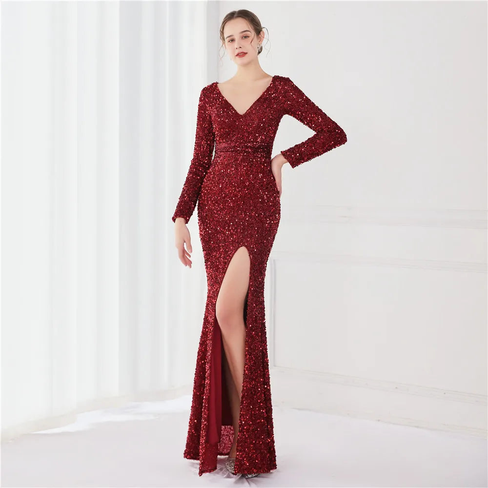 19118# New Party Elegance Long Long Sleeve Sequin Fishtail Evening Dress