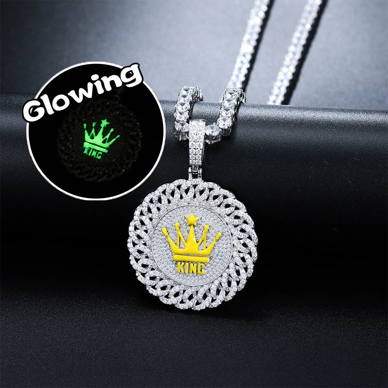 Dropshipping Glow in the Dark Jewelry Gift 925 Sterling Silver Full VVS Moissanite Diamond Round Crown Disc Pendant
