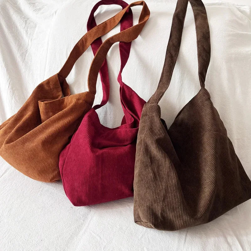 Retro Corduroy Women's Shoulder Bag Simple Large Capacity Female Casual Tote Crossbody Bags Solid Color Ladies Shopper Handba