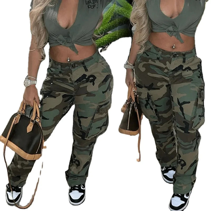 Wholesale Ladies Fashion Baggy Multi Pockets Women's Cargo Pants Casual Patchwork Plus Size Camouflage Camo Pants Women Cloth