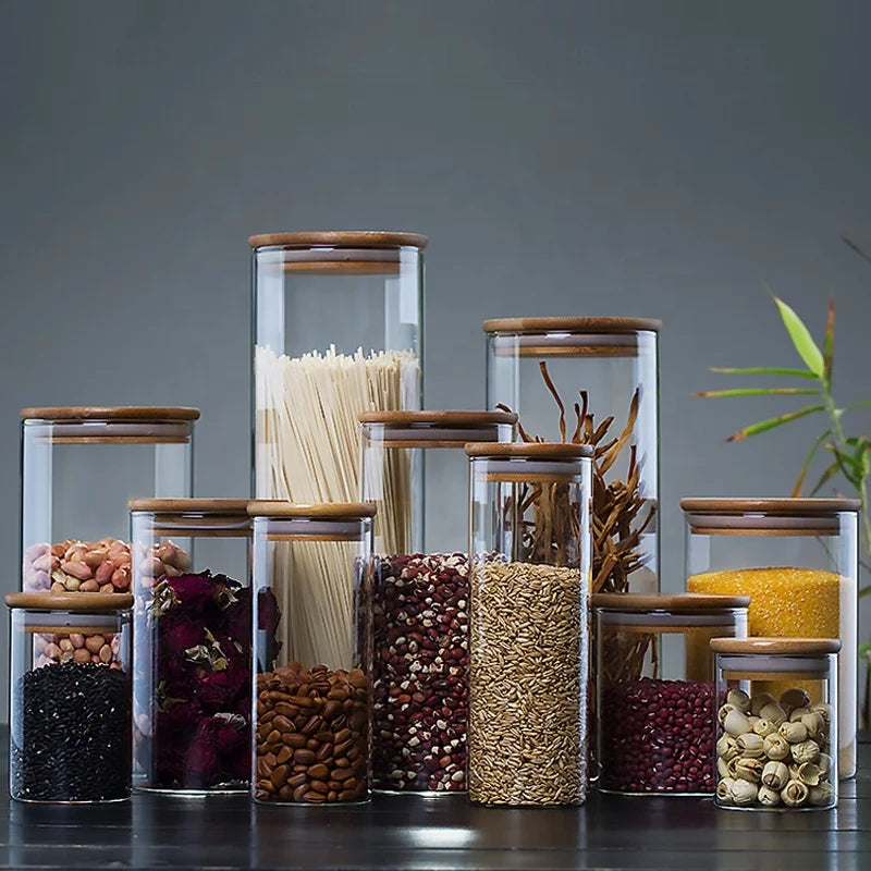 Airtight Cylinder Eco Friendly High Borosilicate Glass Food Storage Containers with Bamboo Lid for Sugar Snack Cookies Nuts R