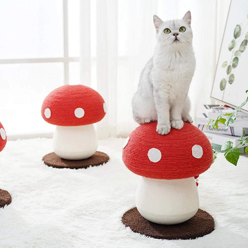 2024 Lovely Mushroom Shaped Wood Pet Scratcher Sisal Red Cat Tree Cat Toy