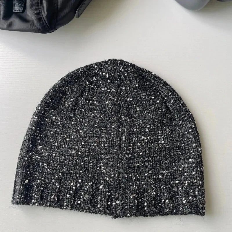 Korean Sequined Knitted Beanie Lady Autumn and Winter Men and Women Y2K Street Fashion Hip-hop Personality Warm Skull Beanie 