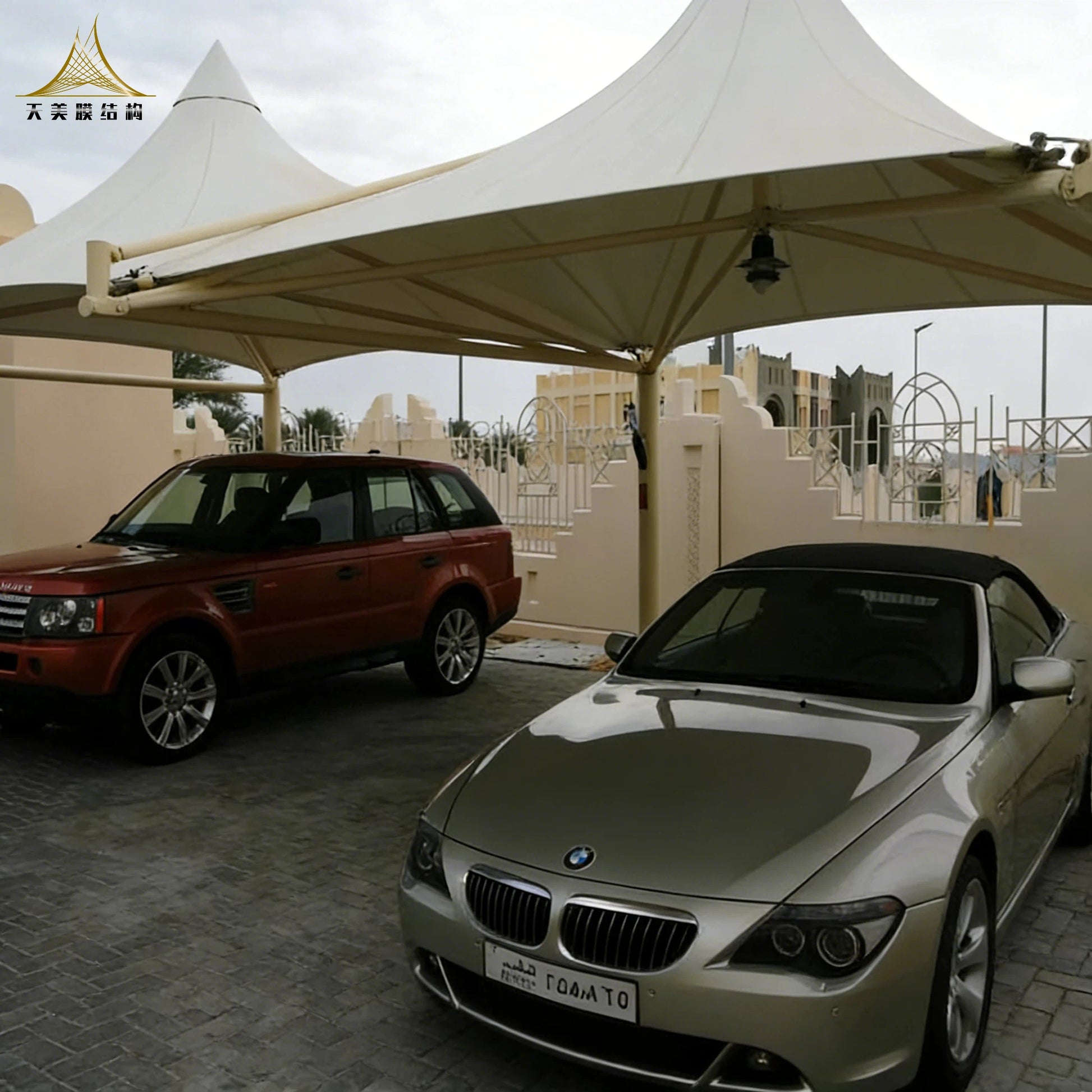 Modern Double RV Carport with Curved Roof Design Lightweight PVDF PTFE Membrane Structure Steel Metal Frame 2 Voitures Sale