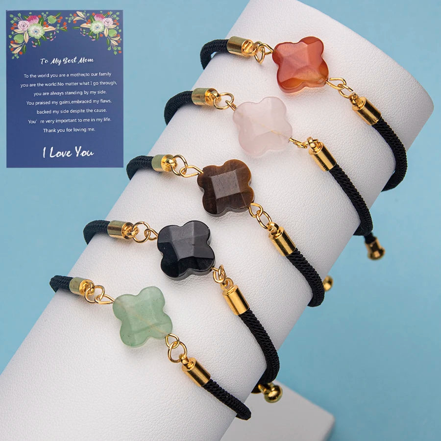 Natural Crystal Stone Four Leaf Lucky Clover Rose Quartz Stone Adjustable Send Mother Bead Bracelet Add a Card for Your Mothe