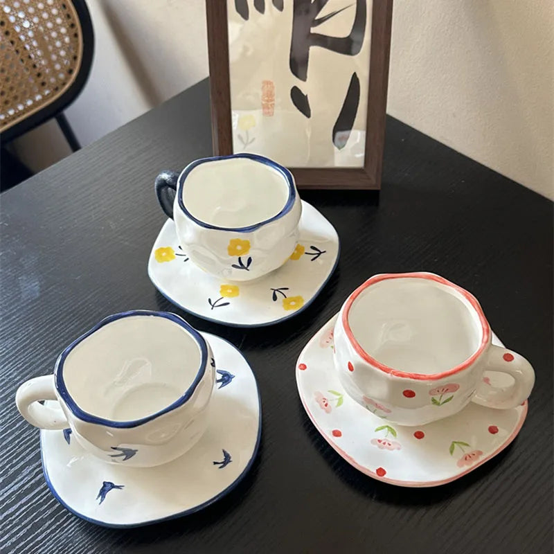 Ins Hand Painted Japanese Vintage Ceramic Coffee Mug and Saucer Set Girl Heart Irregular Water Cup