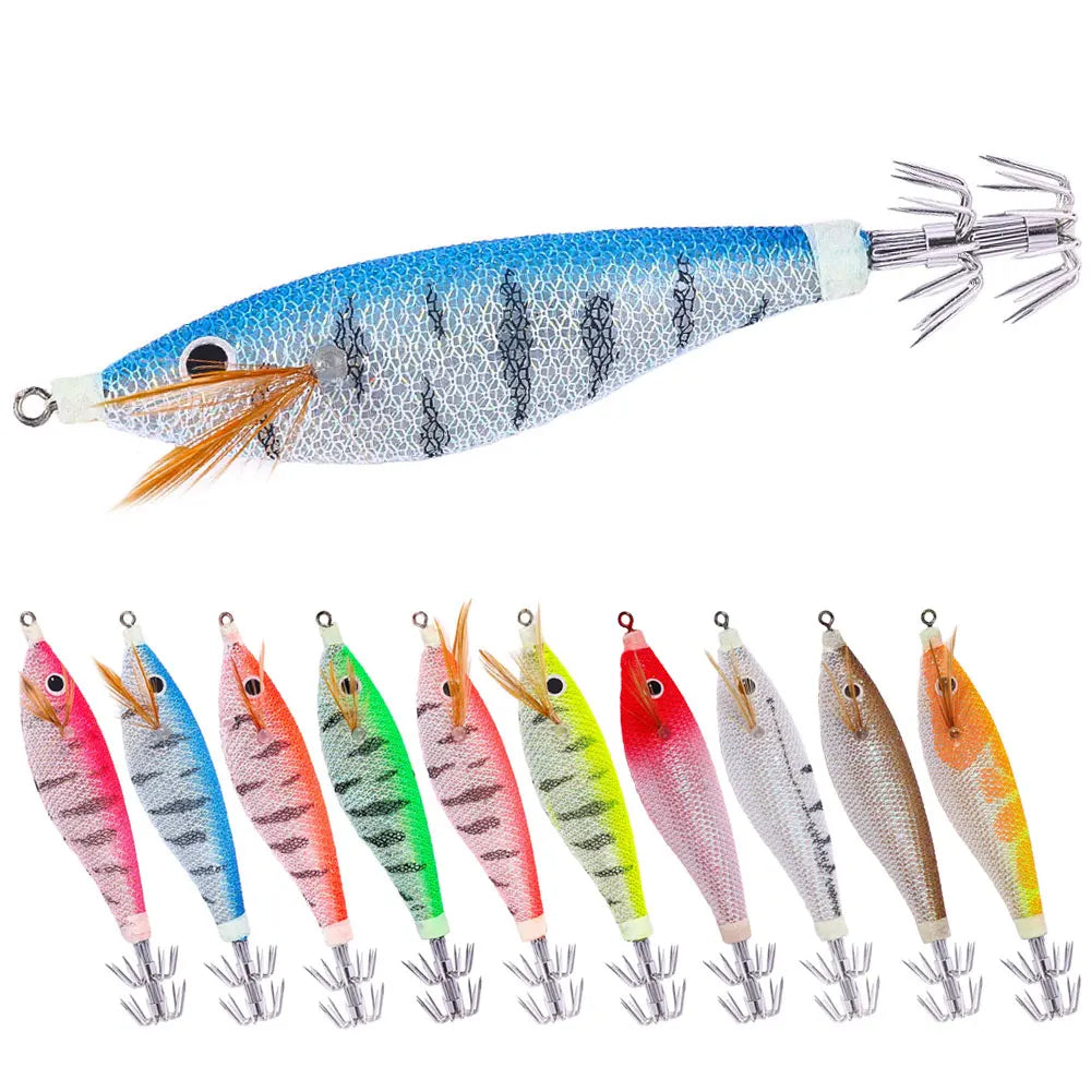 Wholesale SJ058 10cm 10.5g Saltwater Luminous Night Glow Wooden Shrimp Baits Squid Jig Fishing Lures