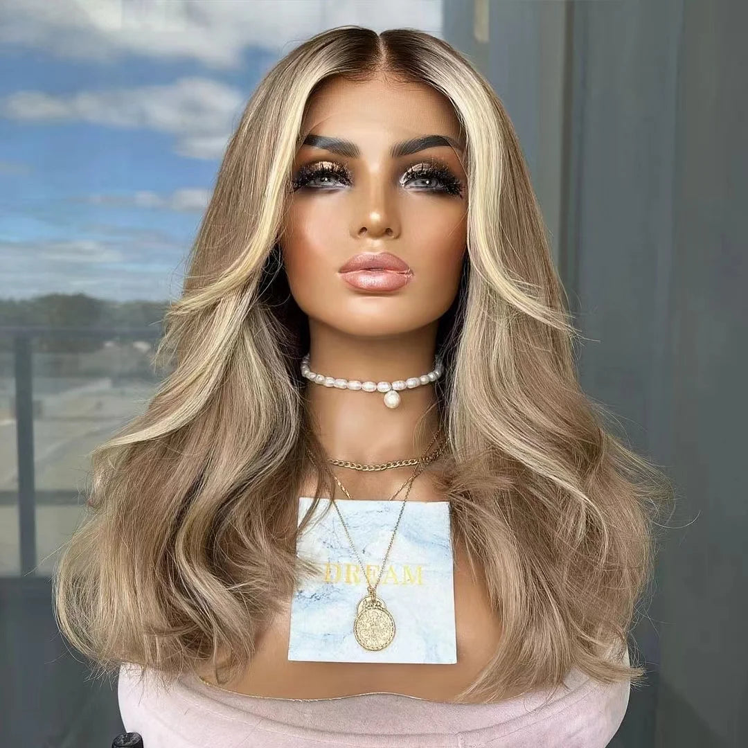 Light Brown Color Balayage Highlight Russian European Hair Lace Top Wig Invisible Knots Cuticle Aligned Body Loose Wave Long 