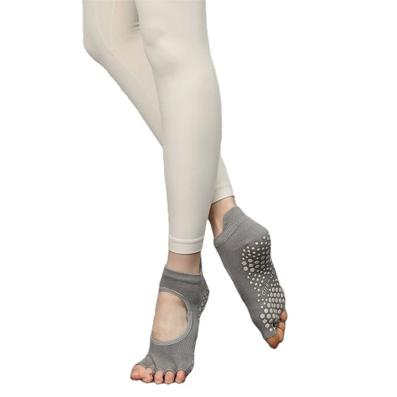 Professional Custom Design Luxury Open Five-Toe Pilates Yoga Socks Non-Slip Silicone Grips High-Crew Plaid Reformer for Sprin