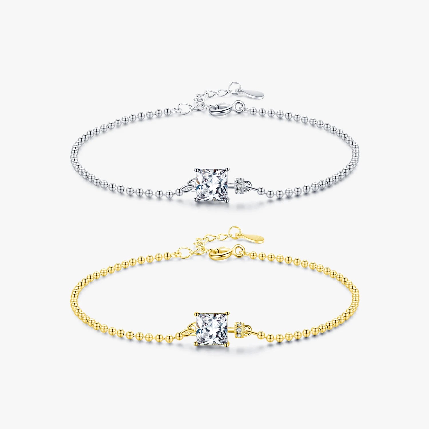 Classic Square Clear CZ Bracelets Solid 925 Sterling Silver Charm Beads Chain Bracelet for Women Wedding Fine Jewelry