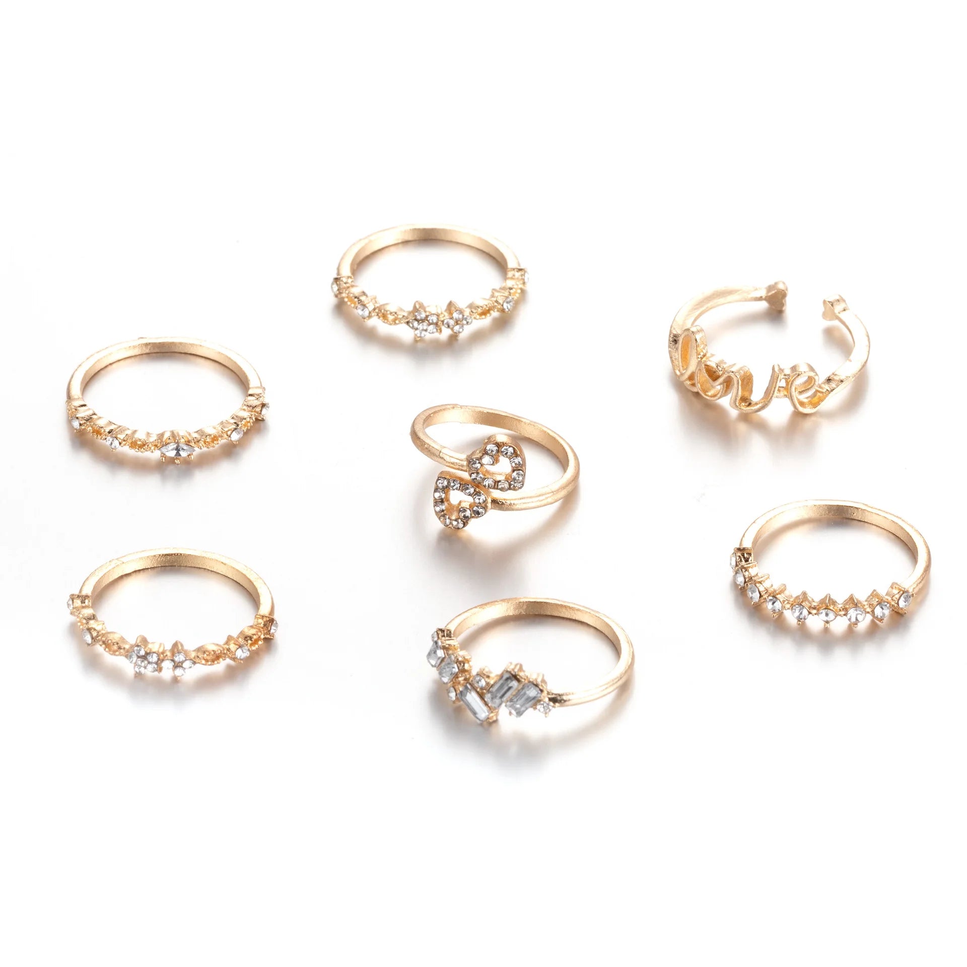 Yiwu DAICY Cheap Price Love Letter Ring Gold Diamond Heart Ring Set 7 Piece With Wholesale Women Ring Sets for Girls