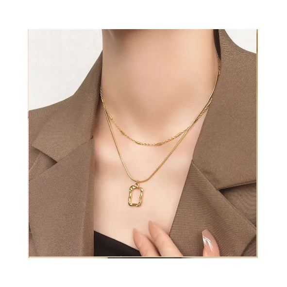 Collar De Hip Hop Trendy 18K Gold Plated   Double Layer Necklace Rectangular Pendant  Stainless Steel Necklace Pendant Jewelr