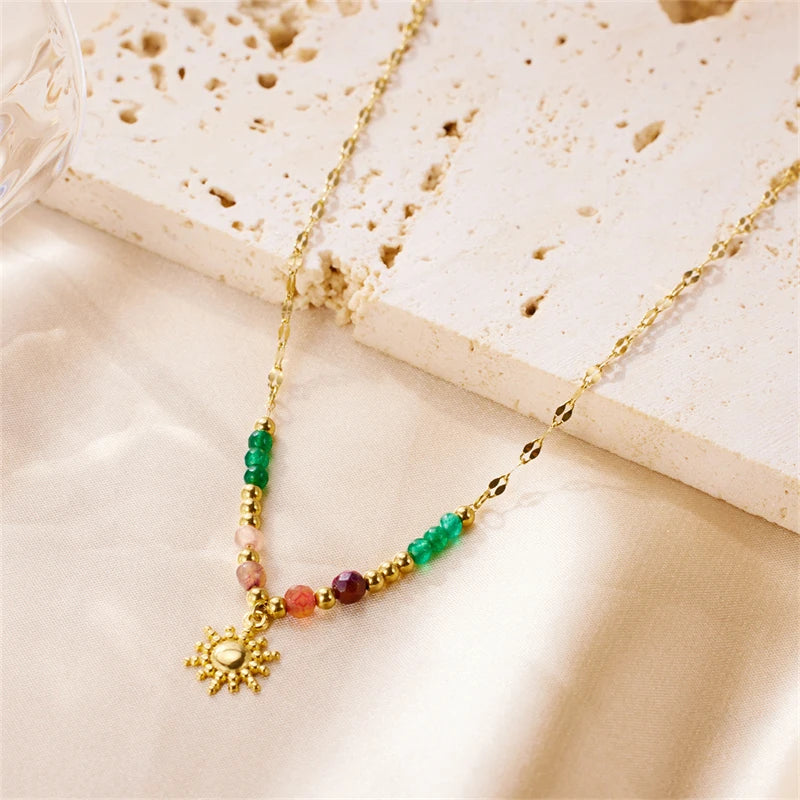 Vintage Jewelry Stainless Steel Natural Stones Sun Necklace Beads Chain Gold 18K for Women