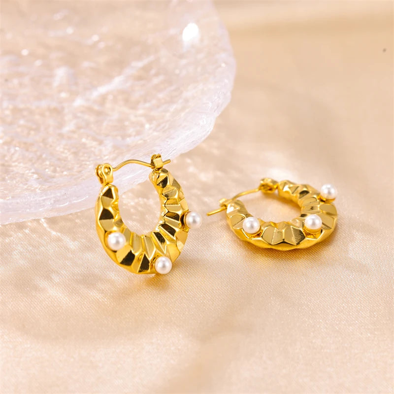 Trendy Pearl 18K Gold Plated Stainless Steel Diamond Cut Hoop Earrings Jewelry for Women