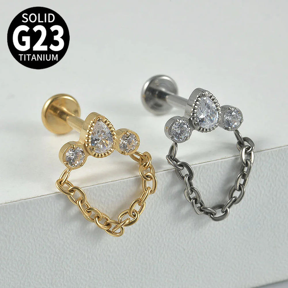 G23 Titanium Water Drop Zircon Chain Pendant Earrings Exquisite Crown Tragus Labret Piercing Internally Thread Piercing Jewel
