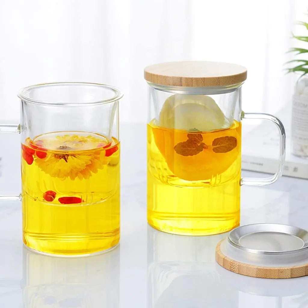 Luxury 12oz (350ml) Eco-Friendly Stocked Coffee Tea Set Borosilicate Glass Mug & Tumbler Set with Bamboo Lid