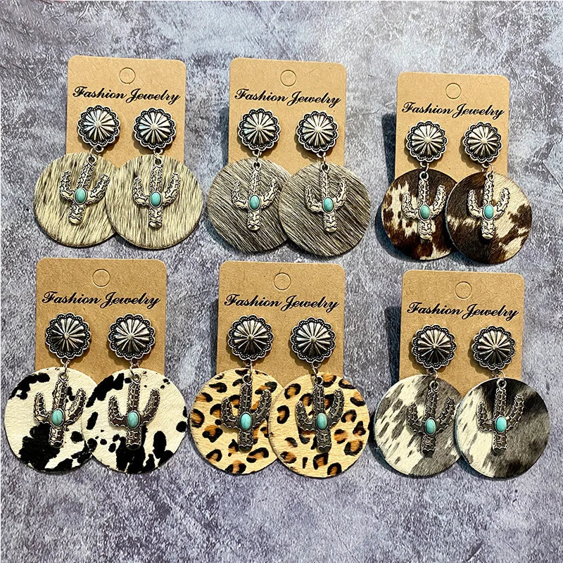 New Leopard Print Leather Earrings Bohemian Horsehair Cactus Pendant Charm Hoop Earrings Jewelry Girl