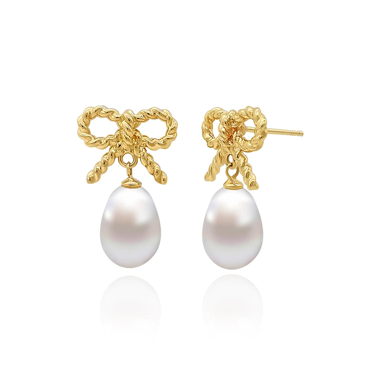Elegant Women's 14K Gold Freshwater Pearl Drop Earrings Cute Ribbon Bow Tie Classic Style Wedding Party Engagement Gift