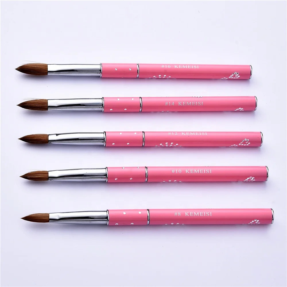 Kemeisi Me-22113 Professional Nail Brush Pink Metal Diamond Handle 100% Kolinsky OEM Crimped Acrylic #8-#16