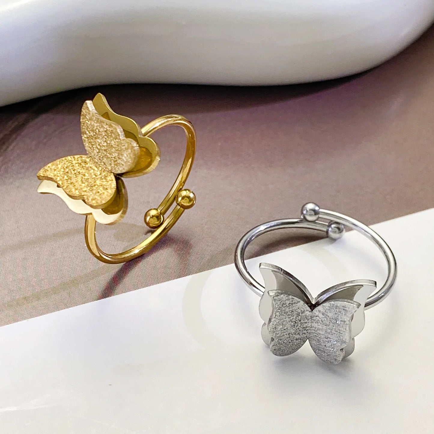 GT Style New 2024-ring Frosted Double-layer butterfly Opening Adjustable Ring for Women