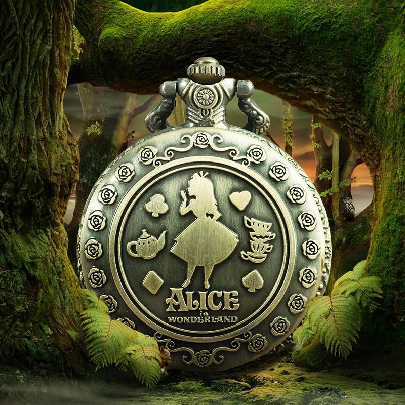 Vintage Pocket Clock Reloj De Bolsillo Bronze Alice Wonderland Pocket Watch With Cute Rabbit Necklace Pendant