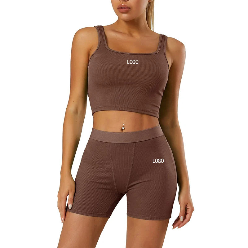 L800882 Custom Women Two Pieces Short Sets For Crew Neck Ribbed Tank Top And Biker Short Stretch Fabric Lounge Wear Yoga Sets