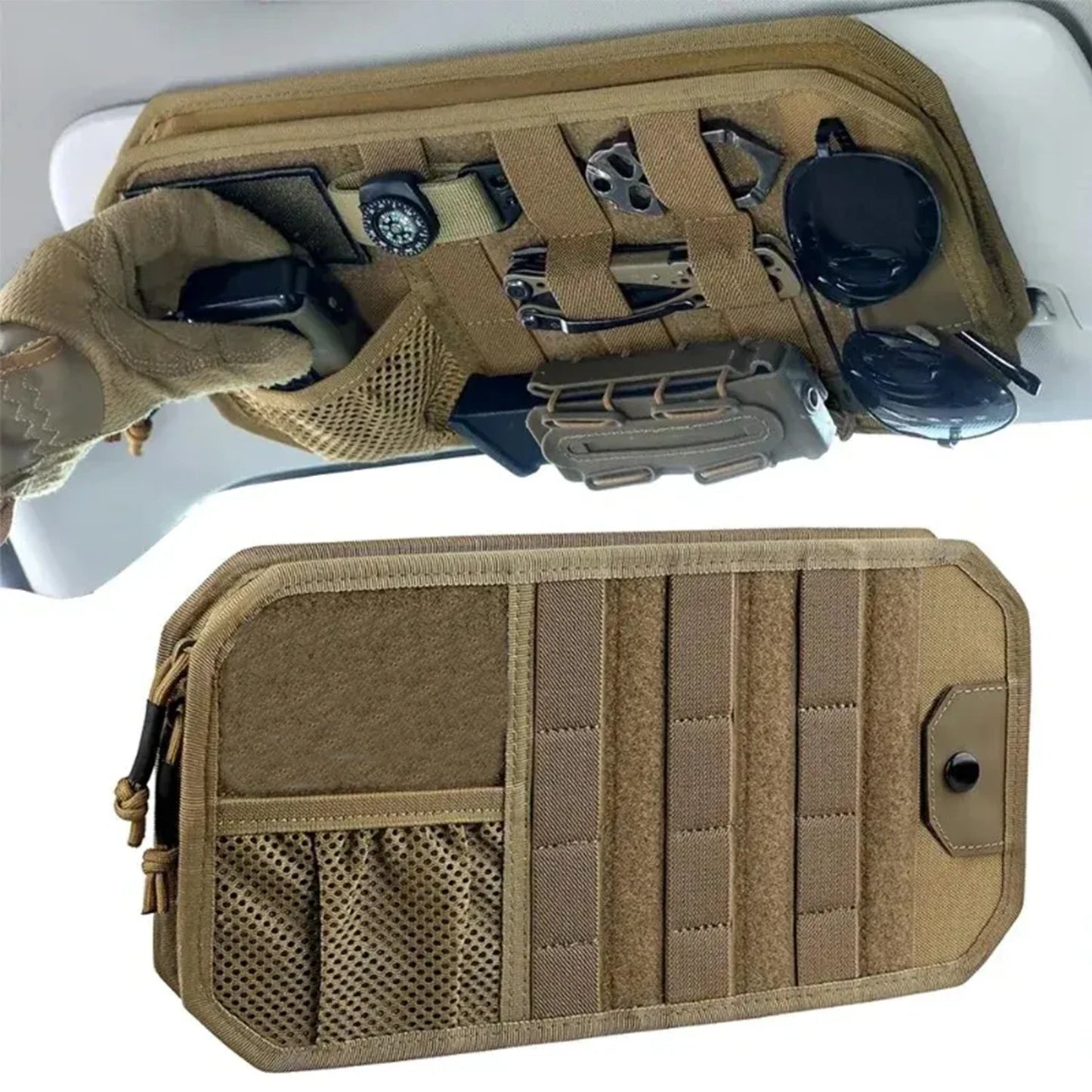 Tactical Car Sun Visor Organizer - Semi-Rigid MOLLE Panel with Zipper Pouch & Glasses Holder for Cars Trucks SUVs & Jeeps