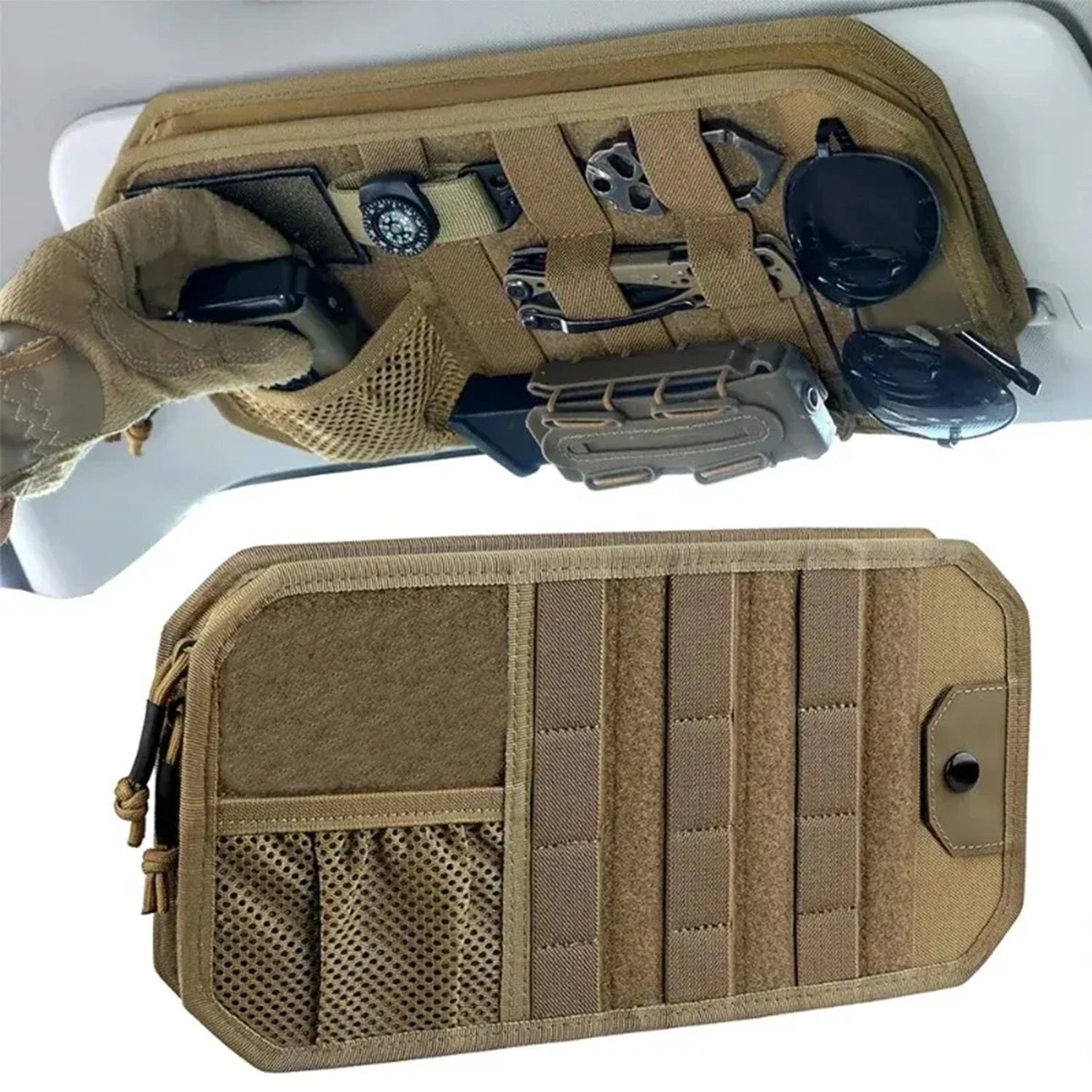 Tactical Car Sun Visor Organizer - Semi-Rigid MOLLE Panel with Zipper Pouch & Glasses Holder for Cars Trucks SUVs & Jeeps