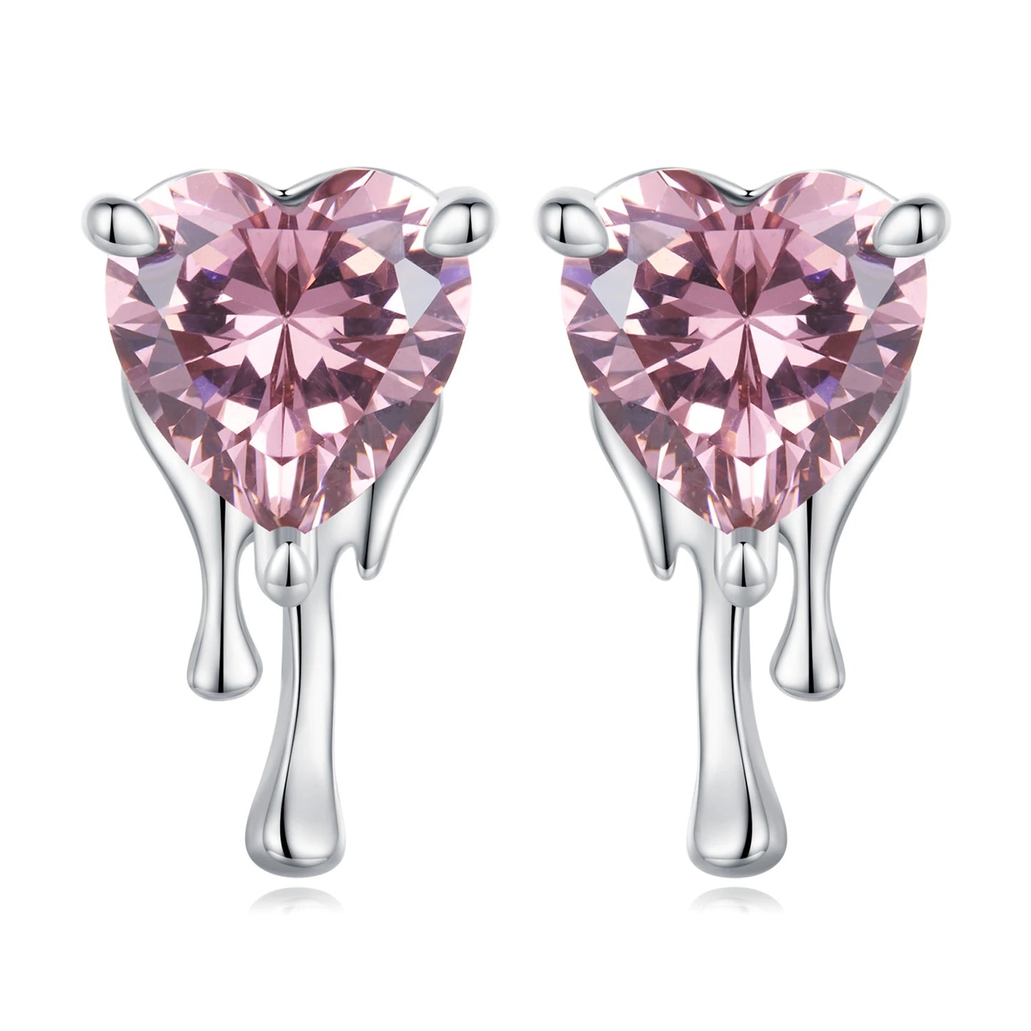 HOT 925 Sterling Silver Pink Crystal Heart Stud Wedding Earrings for Women Shiny Zircon Drop Earring Valentine Jewelry SCE155