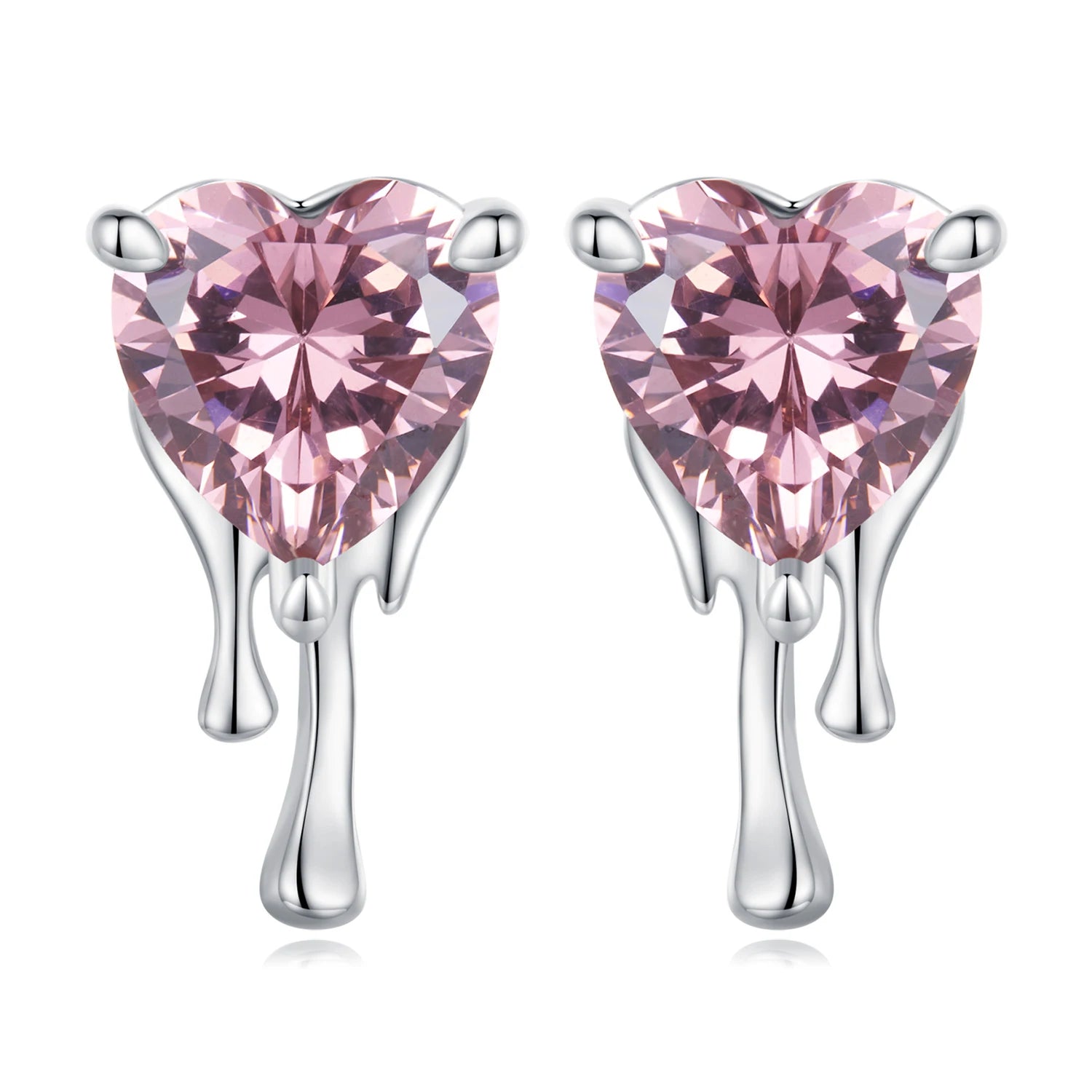 HOT 925 Sterling Silver Pink Crystal Heart Stud Wedding Earrings for Women Shiny Zircon Drop Earring Valentine Jewelry SCE155