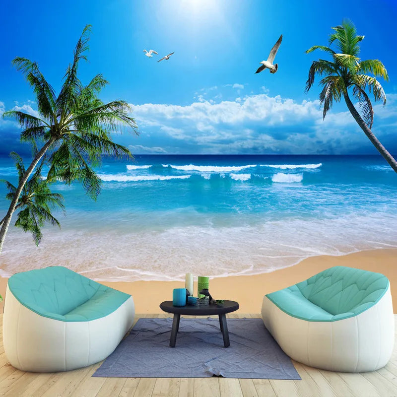 Mediterranean Sun Beach Sea View Tv Background Wallpaper Nature Blue Sky White Clouds Sea Sofa Bedroom Wallpaper